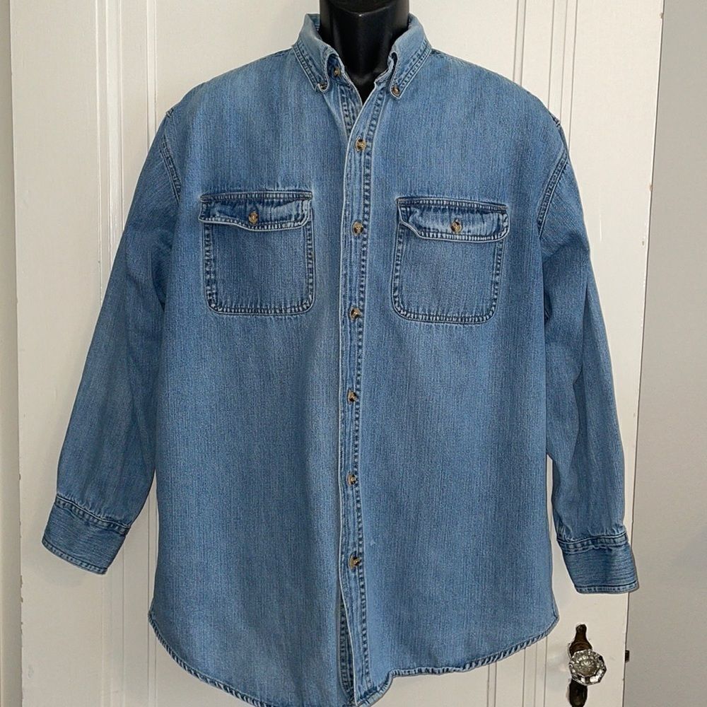 Vtg Premier International For Men blue cotton denim long sleeve shirt